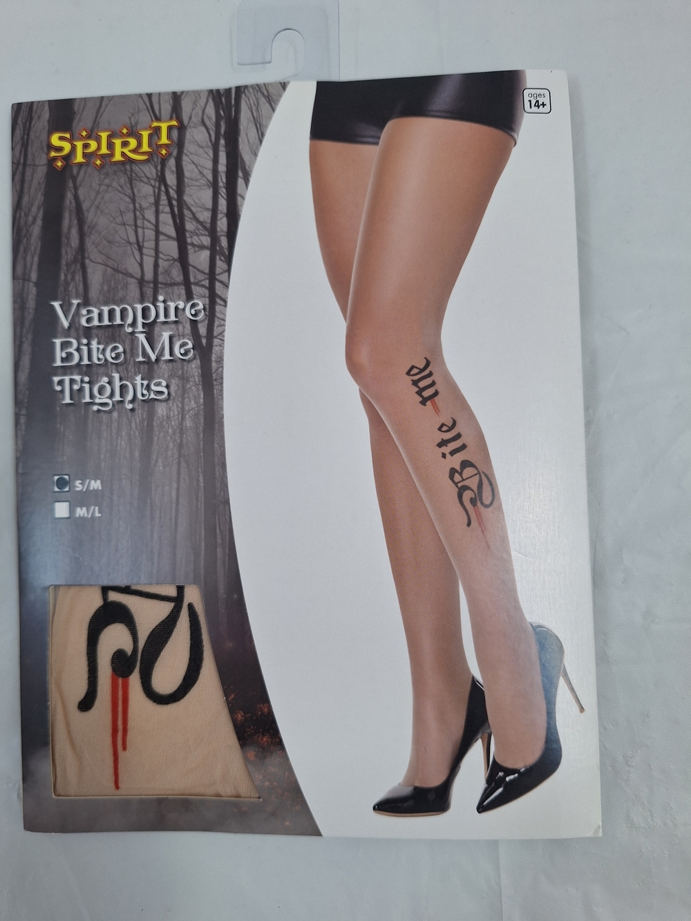 Spirit Nude Sheer Tights with Black 'Bite Me' Script